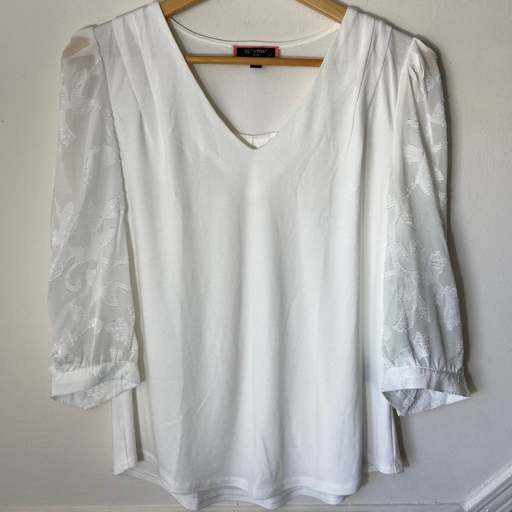50th ST Petite V-Neck White Blouse Floral Sheer Sleeves